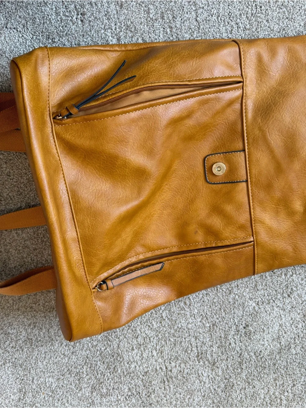 Camel Faux Leather Fold-Over Backpack/ Convertible Laptop Travel Bag.